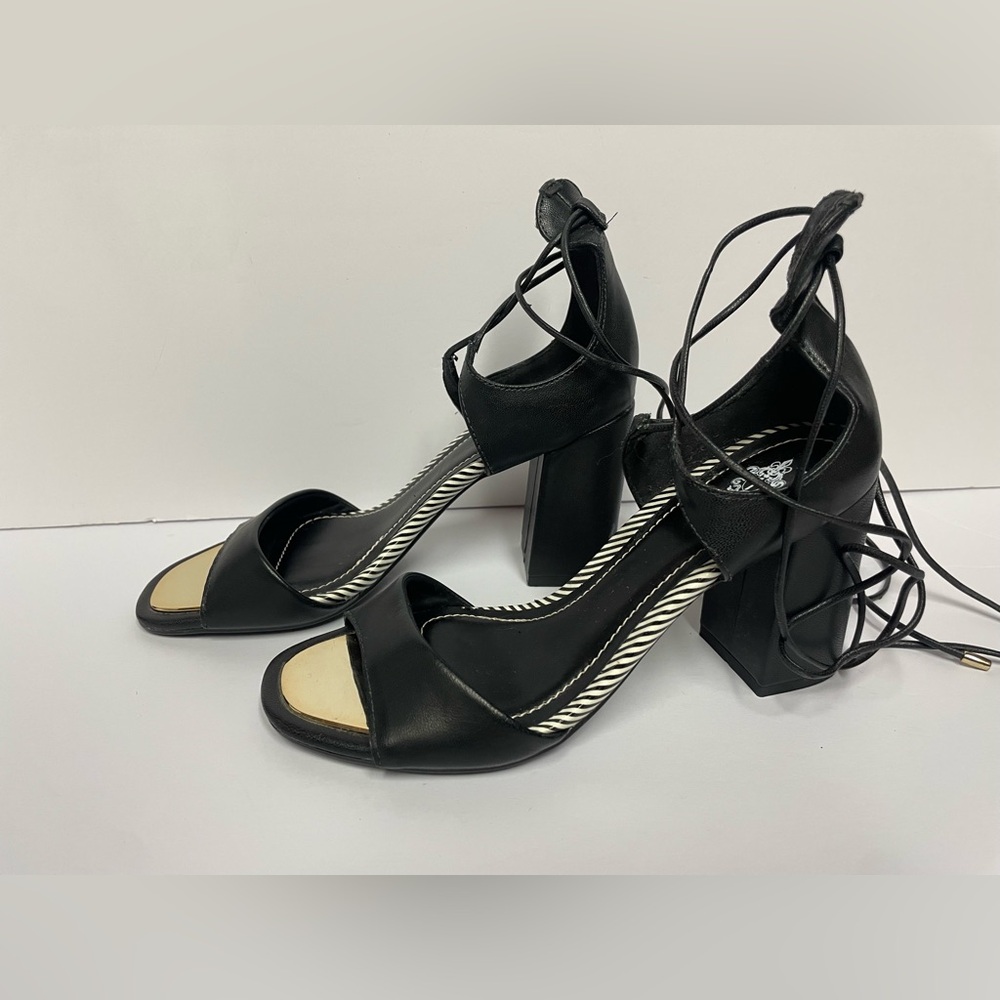 French blu vegan sandals block Heel lace up black gold 6
